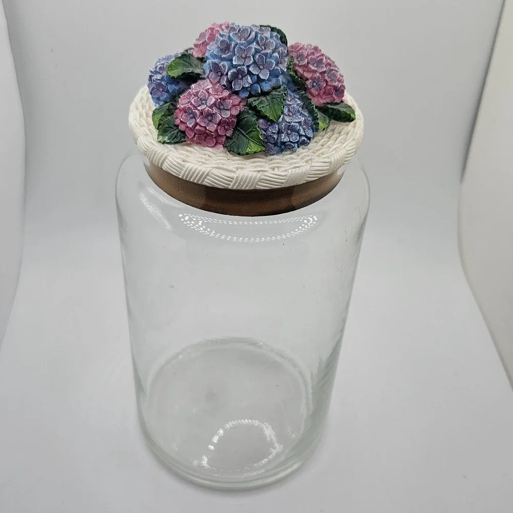 Vintage Glass Canister Jar Hydrangea Floral Resin Lid Cottagecore 8